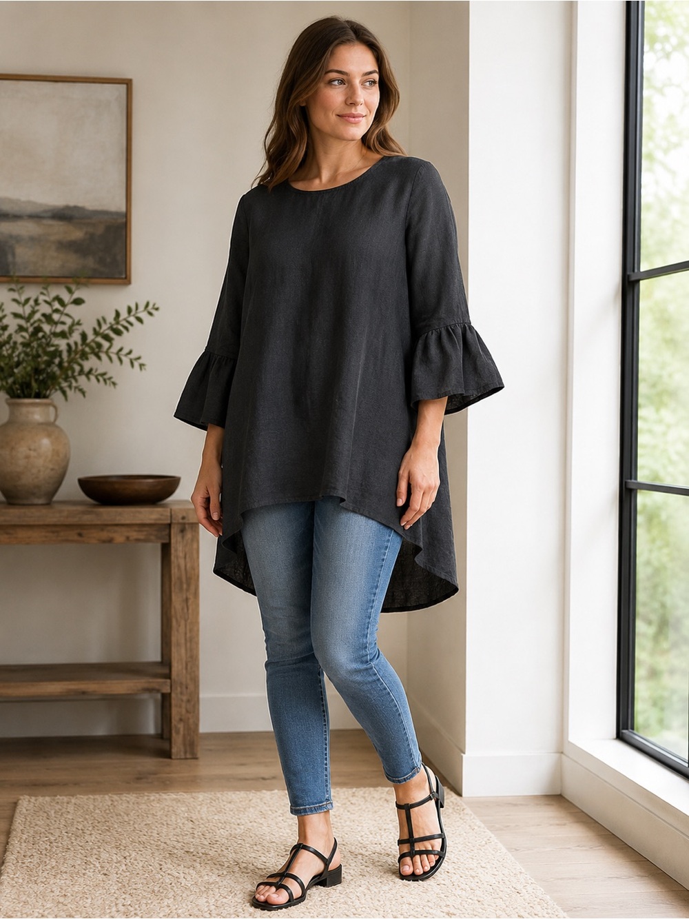 Crown Linen Designs Black 100% Linen High Low Tunic Blouse L Bella Bell Slevee